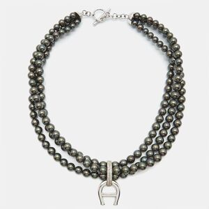 Aigner Logo Crystals Black Faux Pearls Silver Tone  Multistrand Necklace